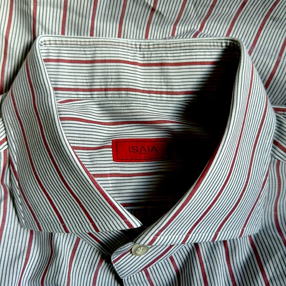 Isaia Napoli White Smoke Grey Purple Taupe Multi Stripe Men’s Shirt Size 16.5/42 - Picture 1 of 4
